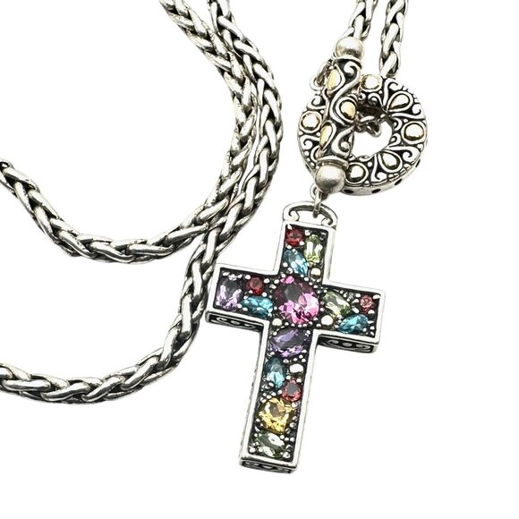 Samuel Benham Necklace Sterling Silver 18K Gold Multi Gemstone Cross Pendant - Picture 1 of 6